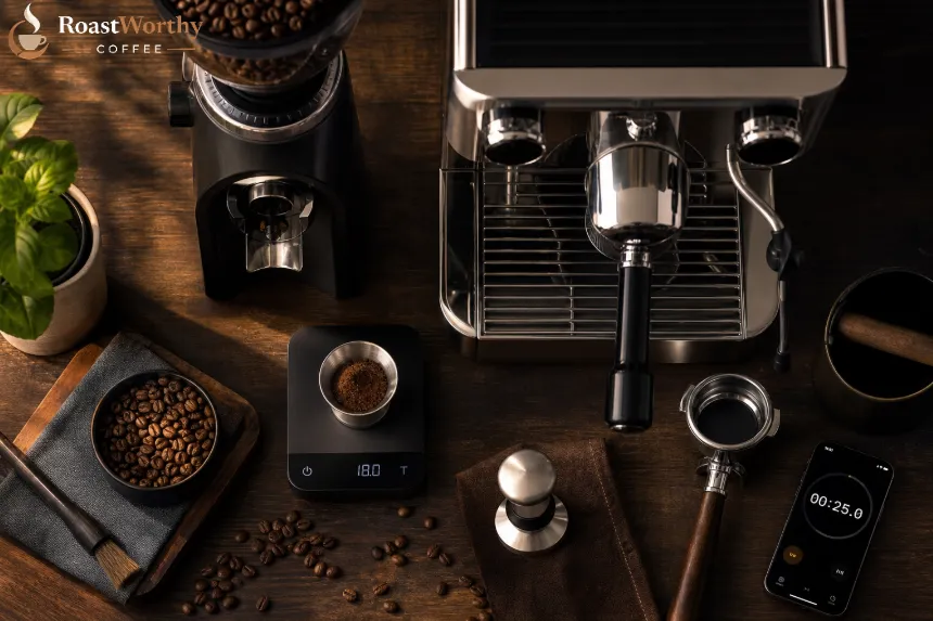 Home Espresso Equipment Flat Lay