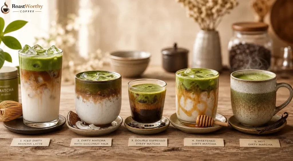 Five Labeled Dirty Matcha Variations