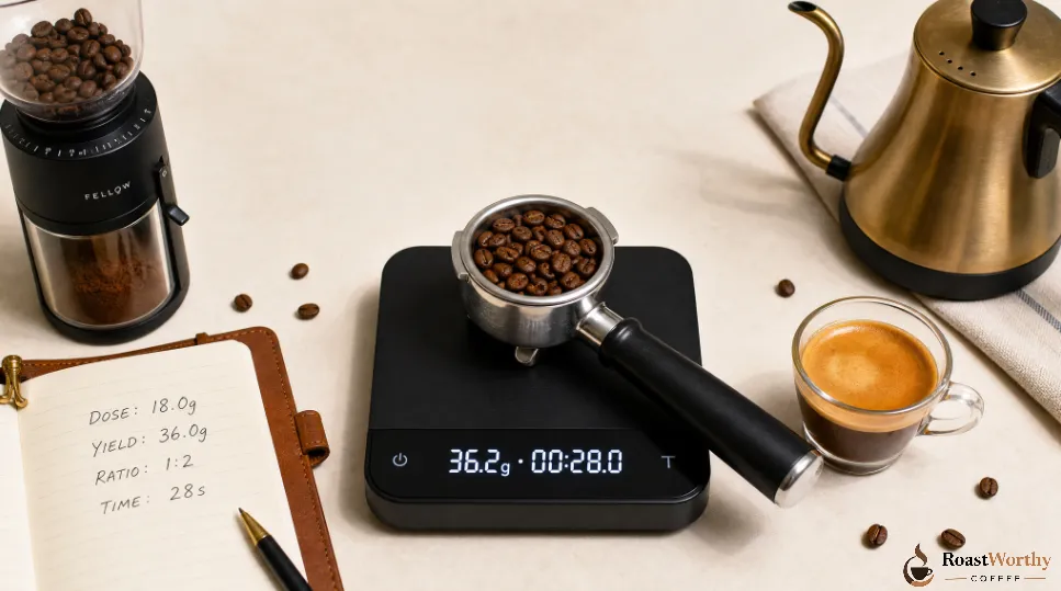 Weighing Coffee Dose on Digital Scale