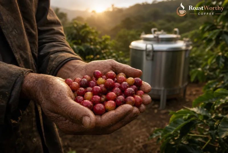 Coffee Farmer's Holding Ripe Cherries