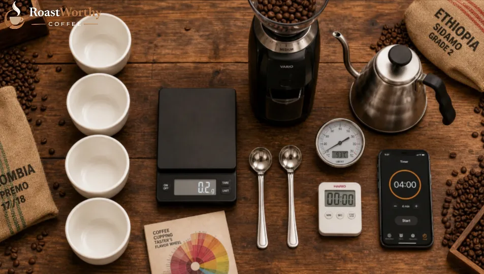 Essential Coffee Cupping Gear Flat Lay