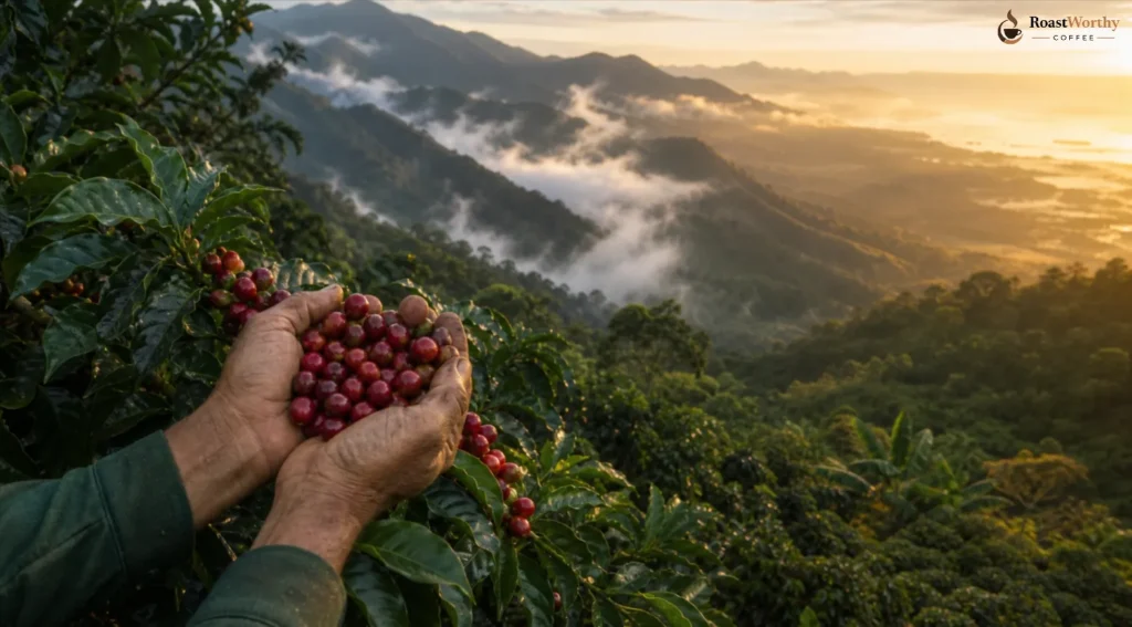 Hands Holding Coffee Cherries Aloft